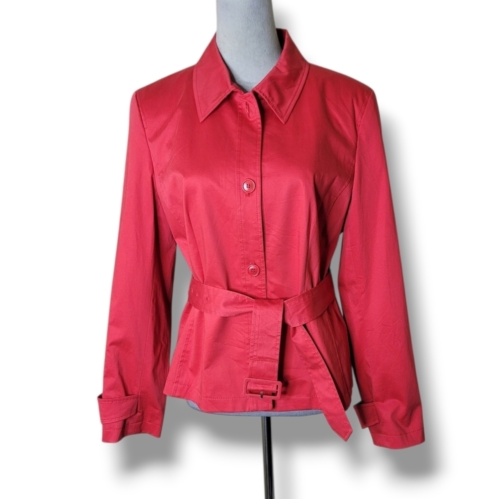 Talbots Tailored Button Up Belted Jacket Classic Red Vintage Stretch Size 12